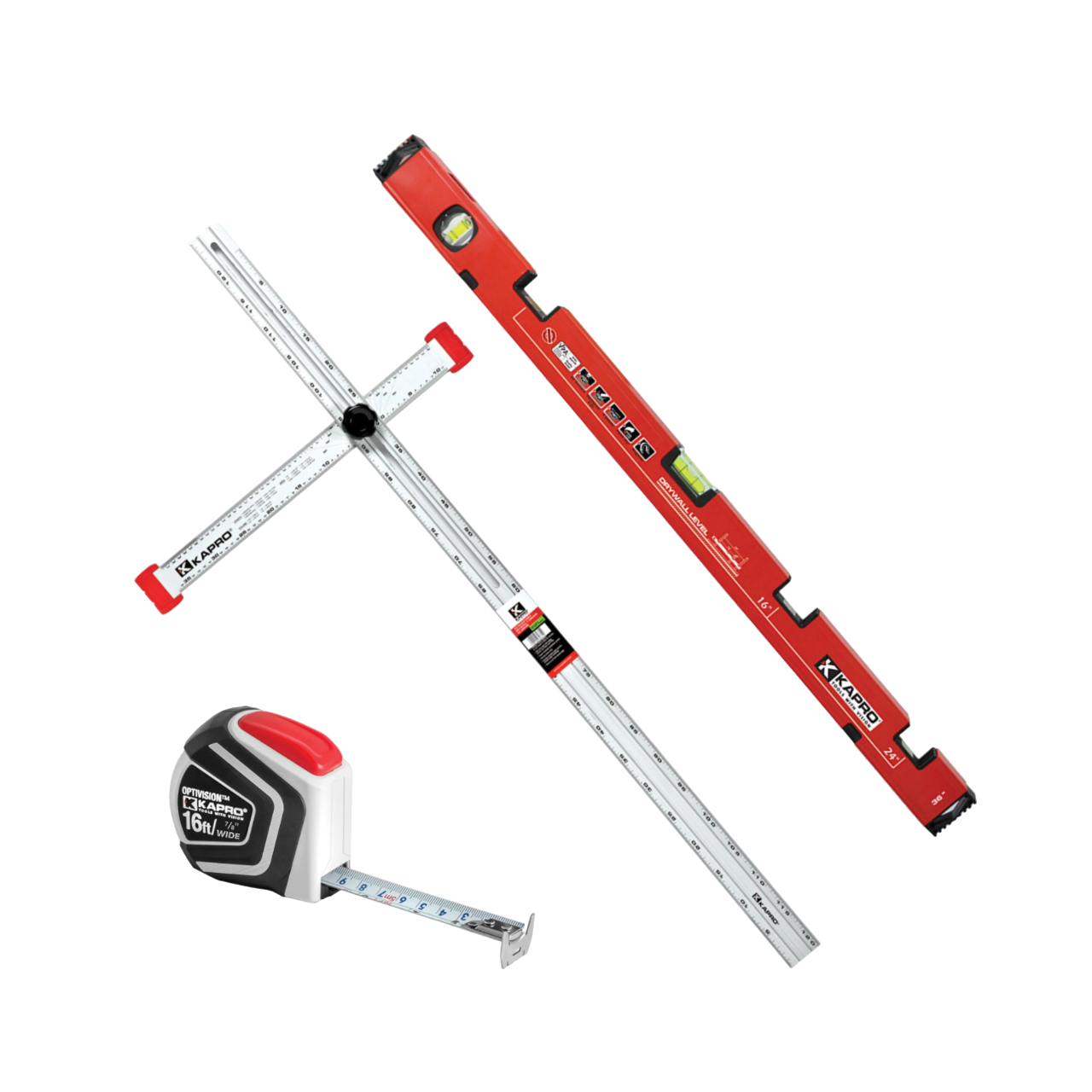 Kapro Drywall Set - Stud Level, Adjustable T-Square, and Tape Measure