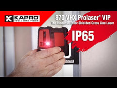 Kapro 870 RED VHX Pro Laser VIP Cross Laser Level IP65 Kapro official promo video about Kapro 870 RED laser level 's benefits and features such as pulse mode for use with a detector, indoor range for 100 feet, outdoor range of 165 feet, accuracy of +/- 0.0002"/", self-leveling range of +/- 3 degrees, audio and visual out of level mode, 1/4" UNC tripod ready (Sold separately).