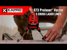 Load and play video in Gallery viewer, Kapro 873 RED Pro Laser Vector Cross 90° Laser Level official promo video showing the features and benefits such as an indoor/outdoor laser range of 100&#39;/165&#39; (with detector), self-leveling range of +/- 3 (lower is better), 0.0002&quot;/&quot; accuracy, manual mode for angular work, visual and audible &#39;out of level&#39; warning, strong folding legs.
