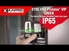 Kapro 870 GREEN VHX Pro Laser VIP Cross Laser Level IP65 official promo video showing the features and benefits of the Kapro 870 GREEN, such as IP65 dust, aprticle, and water protection, pulse mode for outdoor distance use with a lser detector, an included soft carry bag and magnetic wall mount, and audio and visual 'out of focus' warning, an indoor range of 100', and an outdoor range of 165'.